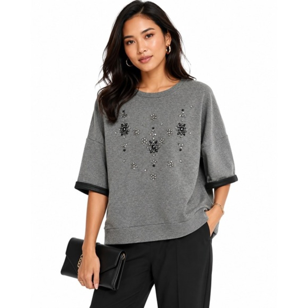 Loft Ann Taylor Gray Beaded Rhinestone Sweatshirt Top 3/4 Sleeve M Chic 59-02